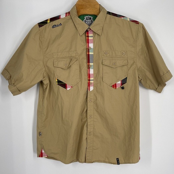 Akademiks Other - Akademiks Mens Khaki Plaid Accent Courage and Grace Graphic Button Down Shirt